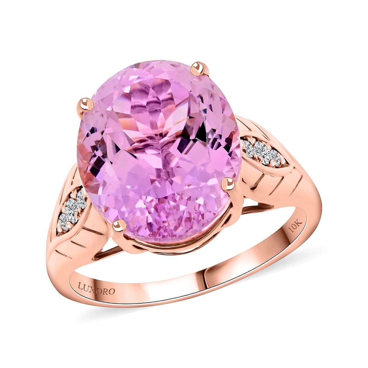 Certified & Appraised Luxoro 10K Rose Gold AAA Martha Rocha Kunzite and G-H I2 Diamond Ring (Size 10.0) 4.15 Grams 10.50 ctw