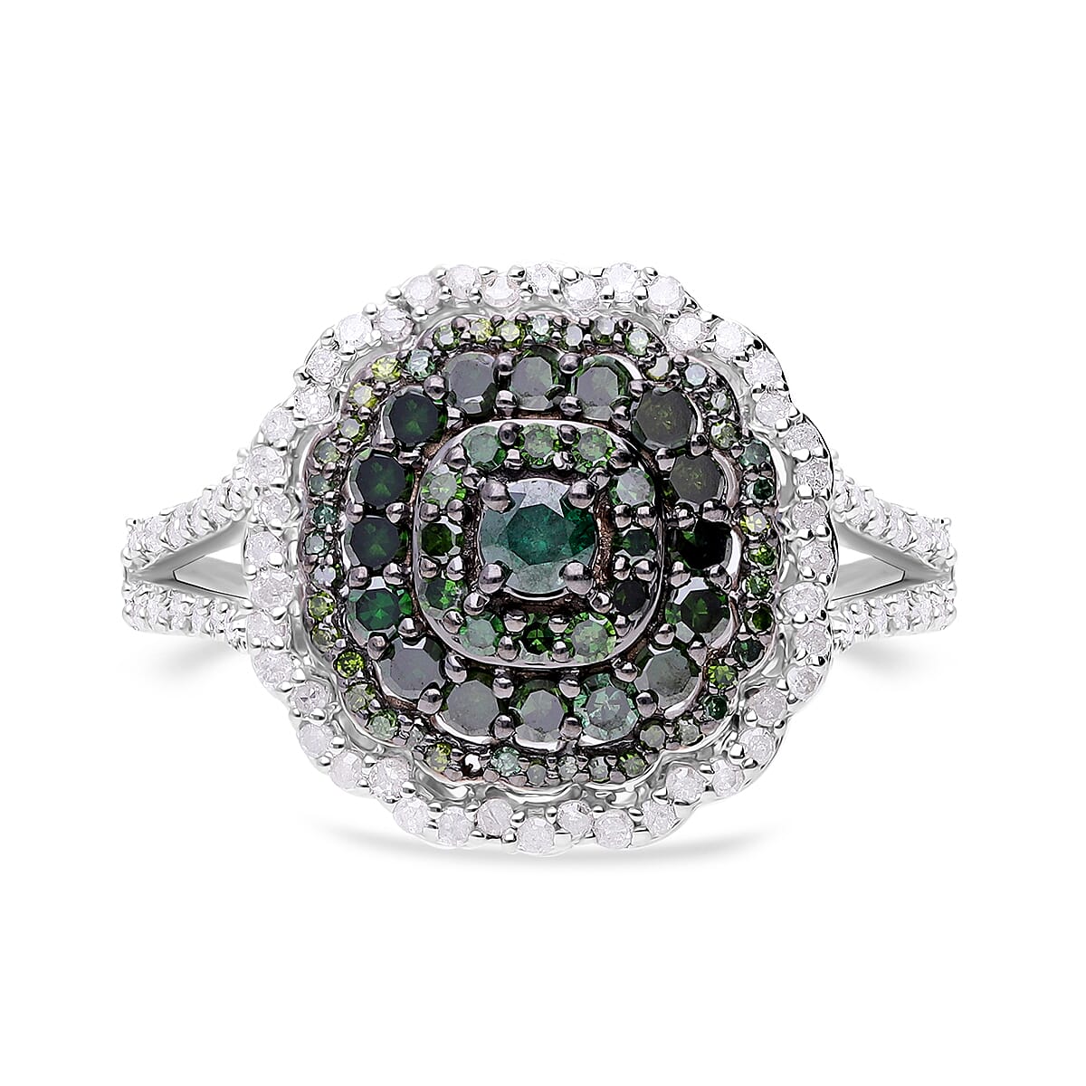 Green and White Diamond Ring in Platinum Over Sterling Silver (Size 10.0) 1.00 ctw