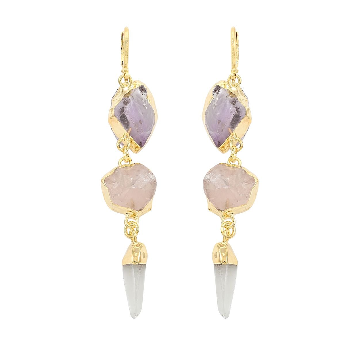 African Amethyst, Rose Quartz, Crystal Earrings in Goldtone 45.99 ctw
