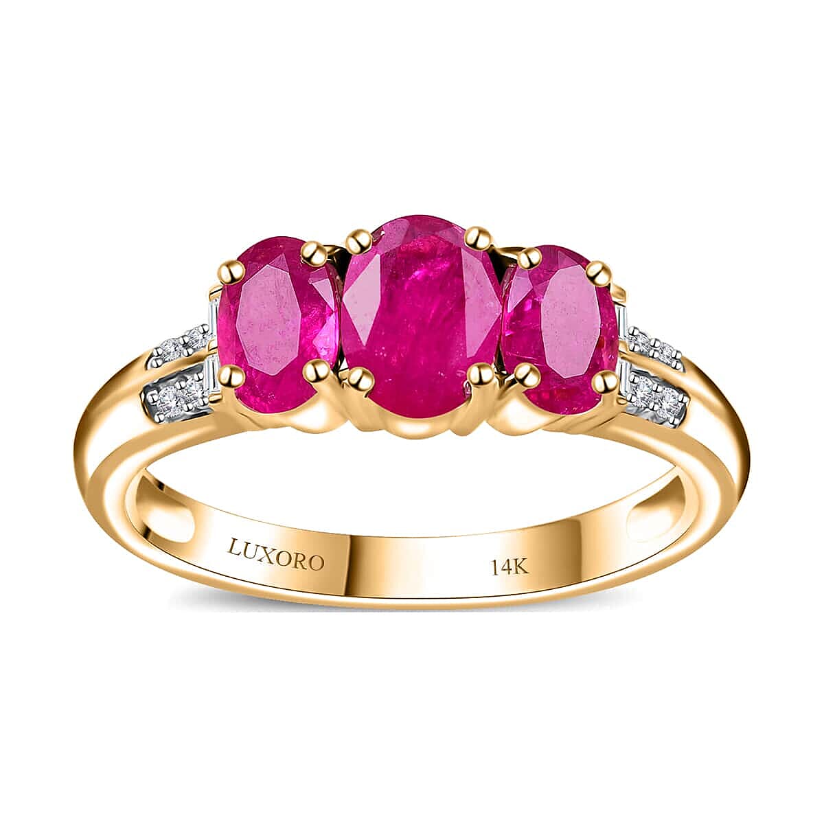 Certified & Appraised Luxoro 14K Yellow Gold AAA Mozambique Ruby, Diamond (G-H, I2) Trilogy Ring (Size 10.0) (4.10 g) 1.85 ctw