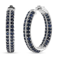 Blue Sapphire and White Zircon 4.10 ctw Hoop Earrings in Rhodium Over Sterling Silver
