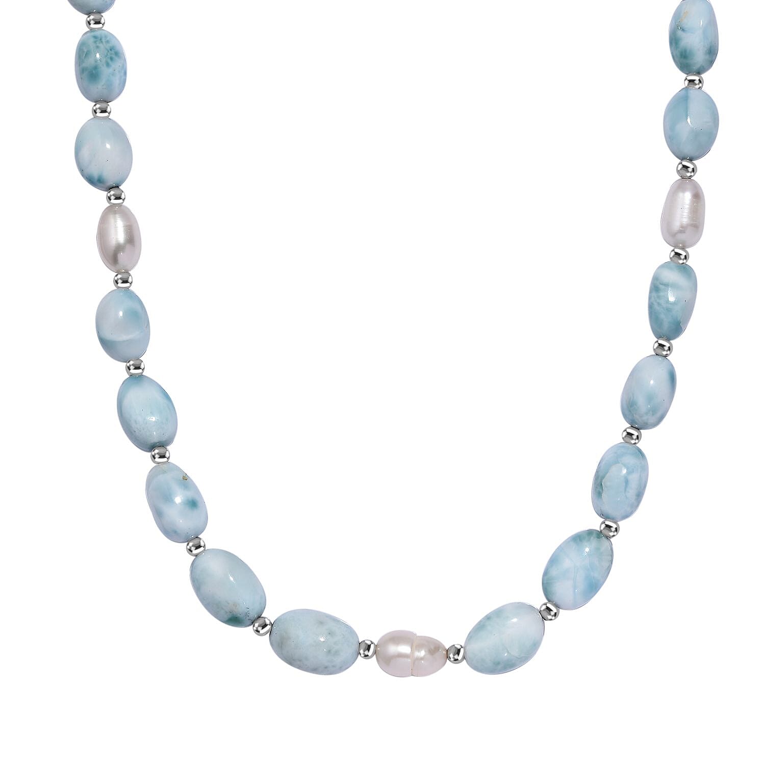 Larimar and Organic Shape Baroque Pearl Necklace 18-20 Inches in Rhodium Over Sterling Silver 160.00 ctw