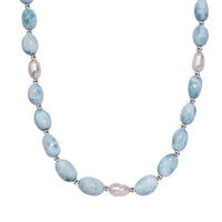 Larimar and Organic Shape Baroque Pearl Necklace 18-20 Inches in Rhodium Over Sterling Silver 160.00 ctw