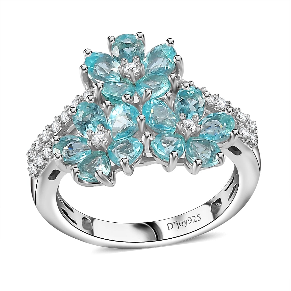Batroke Blue Apatite, White Zircon Floral Ring in Rhodium Over Sterling Silver (Size 10.0) 2.85 ctw
