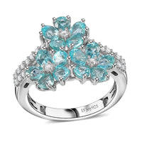 Batroke Blue Apatite, White Zircon Floral Ring in Rhodium Over Sterling Silver (Size 10.0) 2.85 ctw