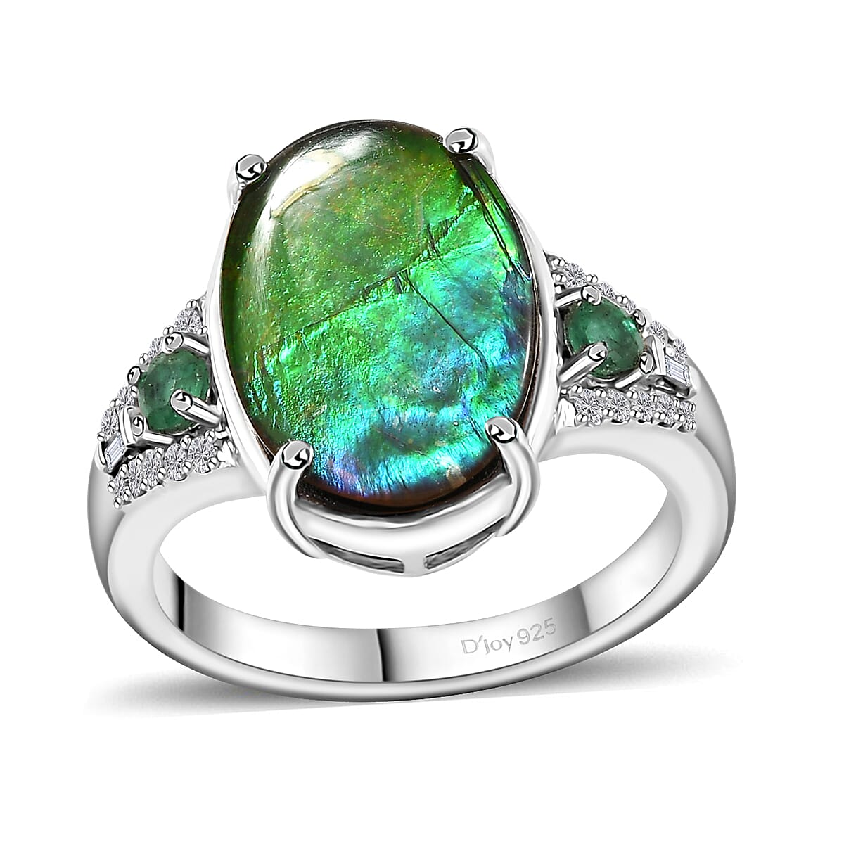 Canadian Ammolite, Emerald, Diamond Ring in Rhodium Over Sterling Silver (Size 10.0) 0.35 ctw