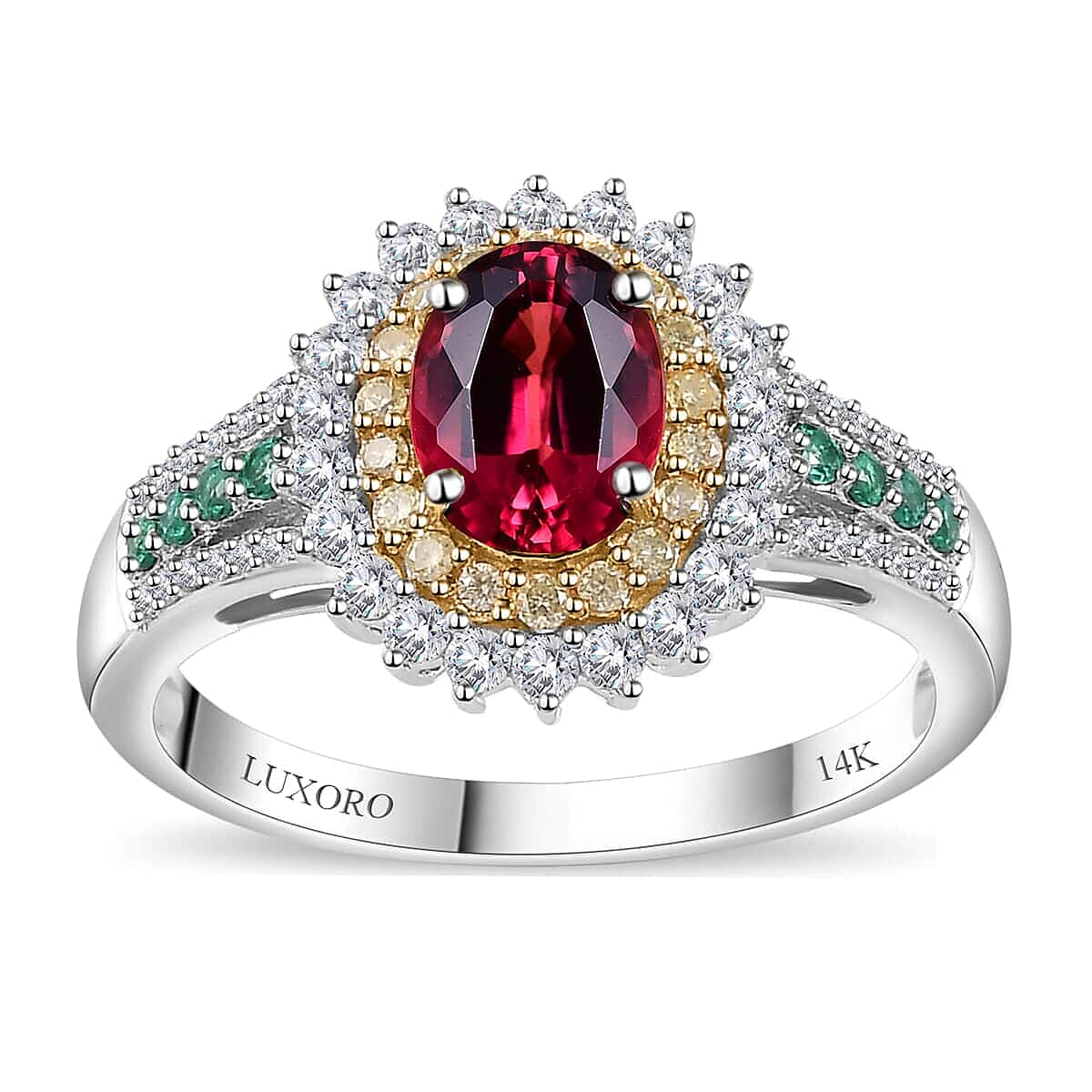 Luxoro 14K White Gold AAA Ouro Fino Rubellite, Boyaca Colombian Emerald, I2 Natural Yellow and White Diamond Ring 4.40 Grams 2.10 ctw