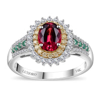Luxoro 14K White Gold AAA Ouro Fino Rubellite, Boyaca Colombian Emerald, I2 Natural Yellow and White Diamond Ring 4.40 Grams 2.10 ctw