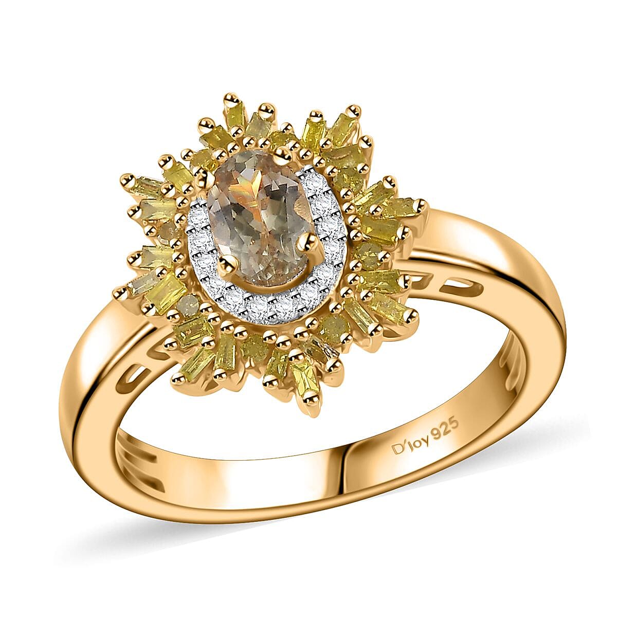 AAA Turkizite, Yellow Diamond (IR) and White Diamond (0.33 cts) Snowflake Ring in 18K Vermeil YG Over Sterling Silver (Size 7.0) 0.85 ctw