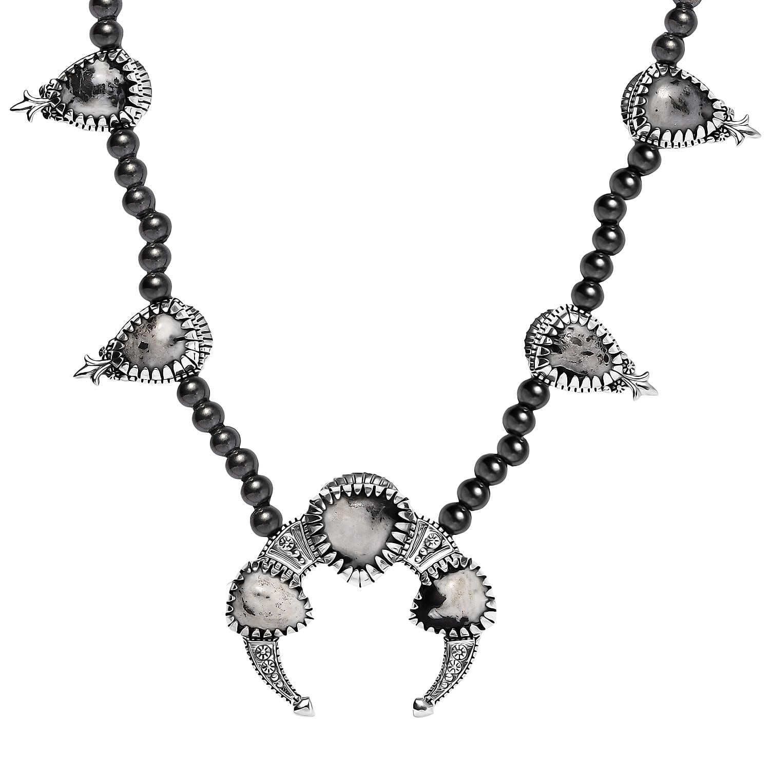 Artisan Crafted White Buffalo Squash BlossomNecklace 18 Inches in Black Oxidized Sterling Silver 36.15 ctw