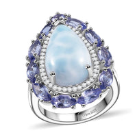 Premium Larimar, Multi Gemstone Halo Ring in Rhodium Over Sterling Silver (Size 10.0) 10.60 ctw
