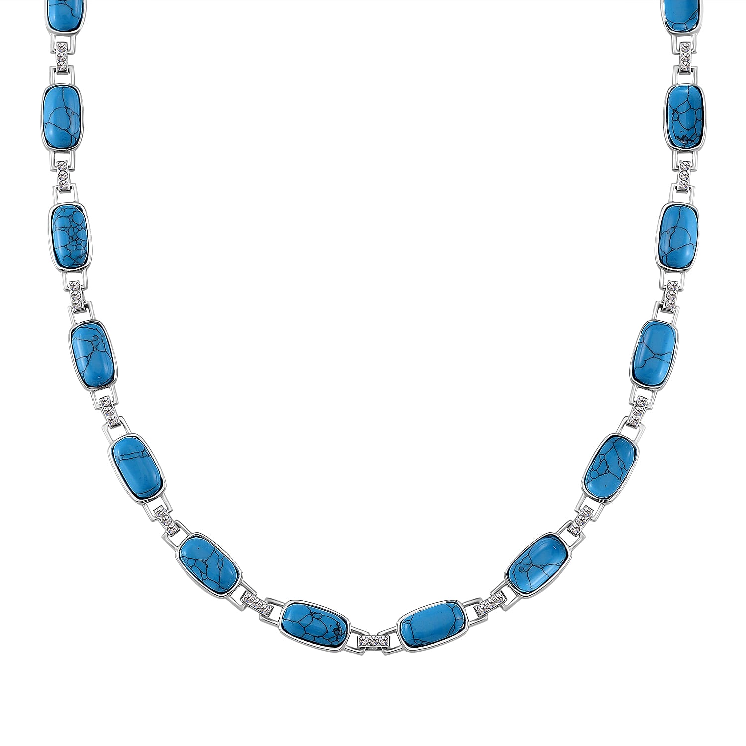 Blue Howlite, Austrian Crystal Station Necklace (20 Inches) in Silvertone 90.00 ctw