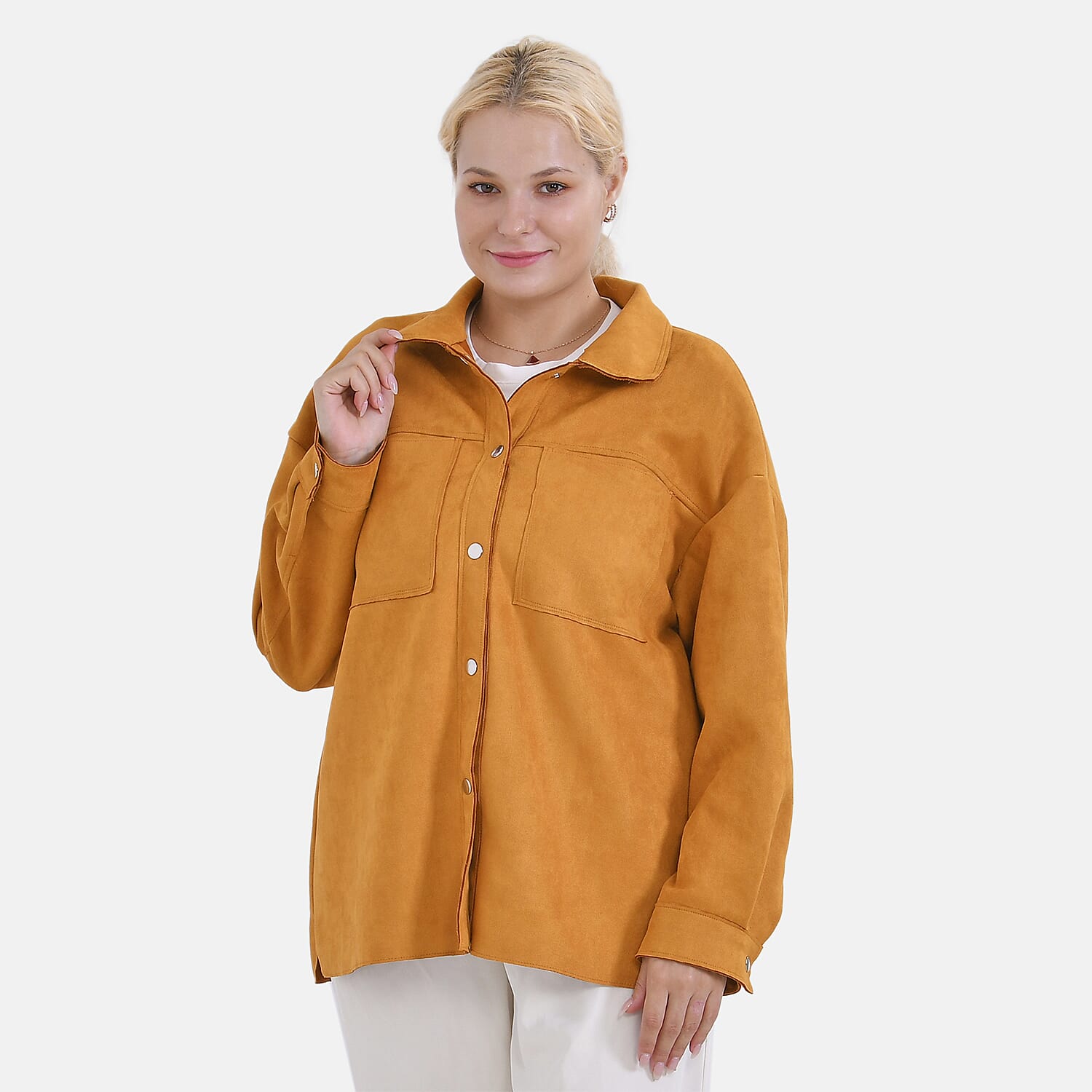 Tamsy Black Faux Suede Button-Up Shacket with Pockets - S