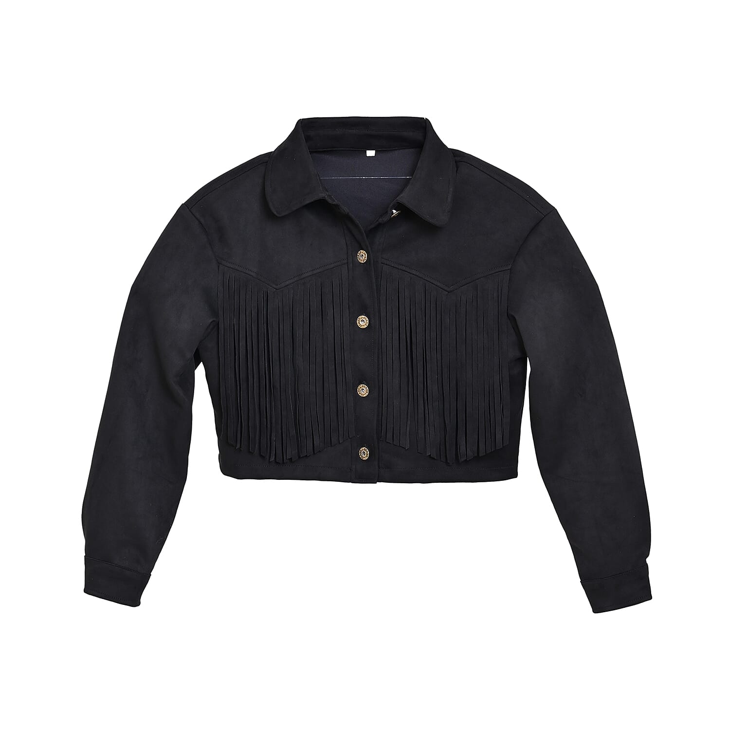Black Short Fleece Jacket with Fringe - S