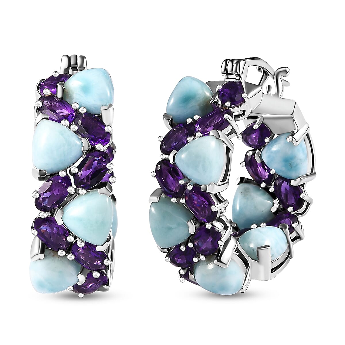 Larimar and African Amethyst 18.75 ctw Hoop Earrings in Platinum Over Sterling Silver