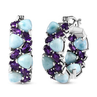 Larimar and African Amethyst 18.75 ctw Hoop Earrings in Platinum Over Sterling Silver