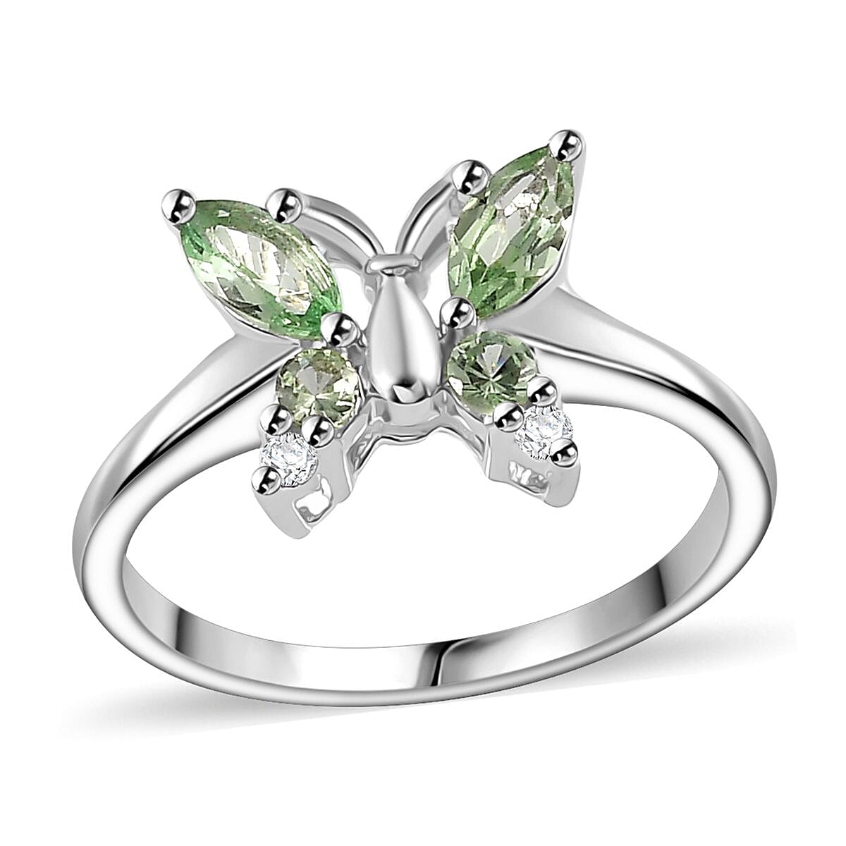 Brazilian Mint Garnet, White Zircon Butterfly Ring in Rhodium Over Sterling Silver (Size 10.0) 0.65 ctw