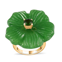 Green Jade Carved, Chrome Diopside Floral Ring in Vermeil YG Over Sterling Silver (Size 7.0) 42.65 ctw