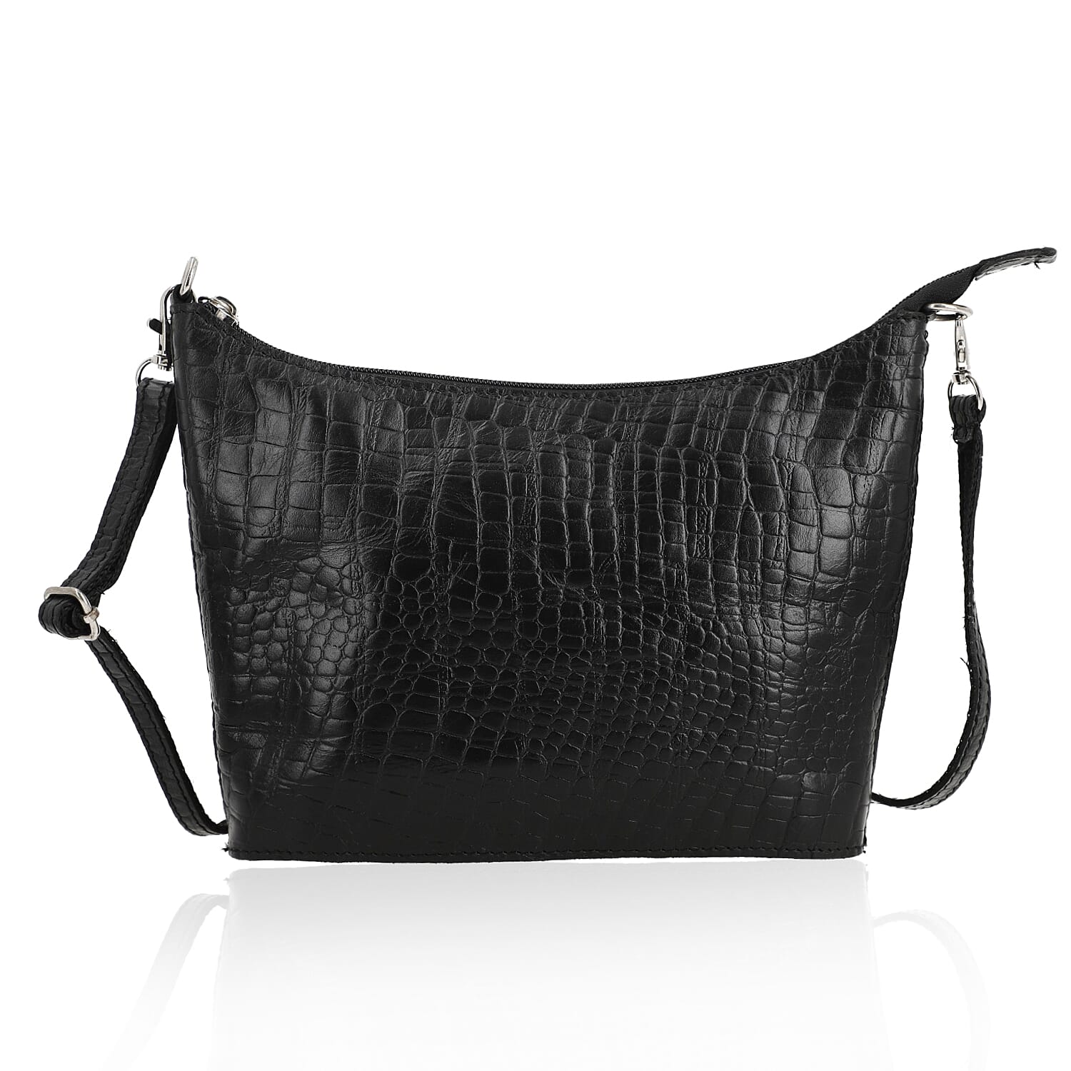 Croco Embossed Genuine Leather  Sling/Crossbody bag  Measurement- Top Length- 9.5'' Bottom Length- 8.5'' Height-6'' Bottom width- 2'' Color- Black
