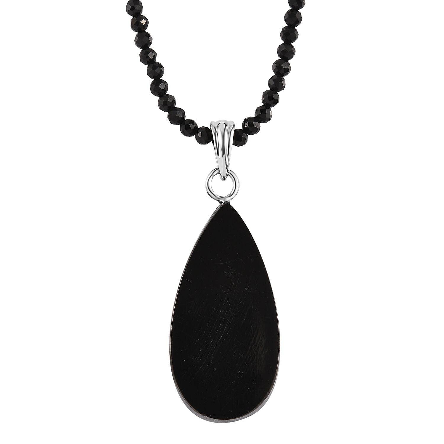 Elite Shungite Pendant with Thai Black Spinel Beaded Necklace (18 Inches) in Rhodium Over Sterling Silver
