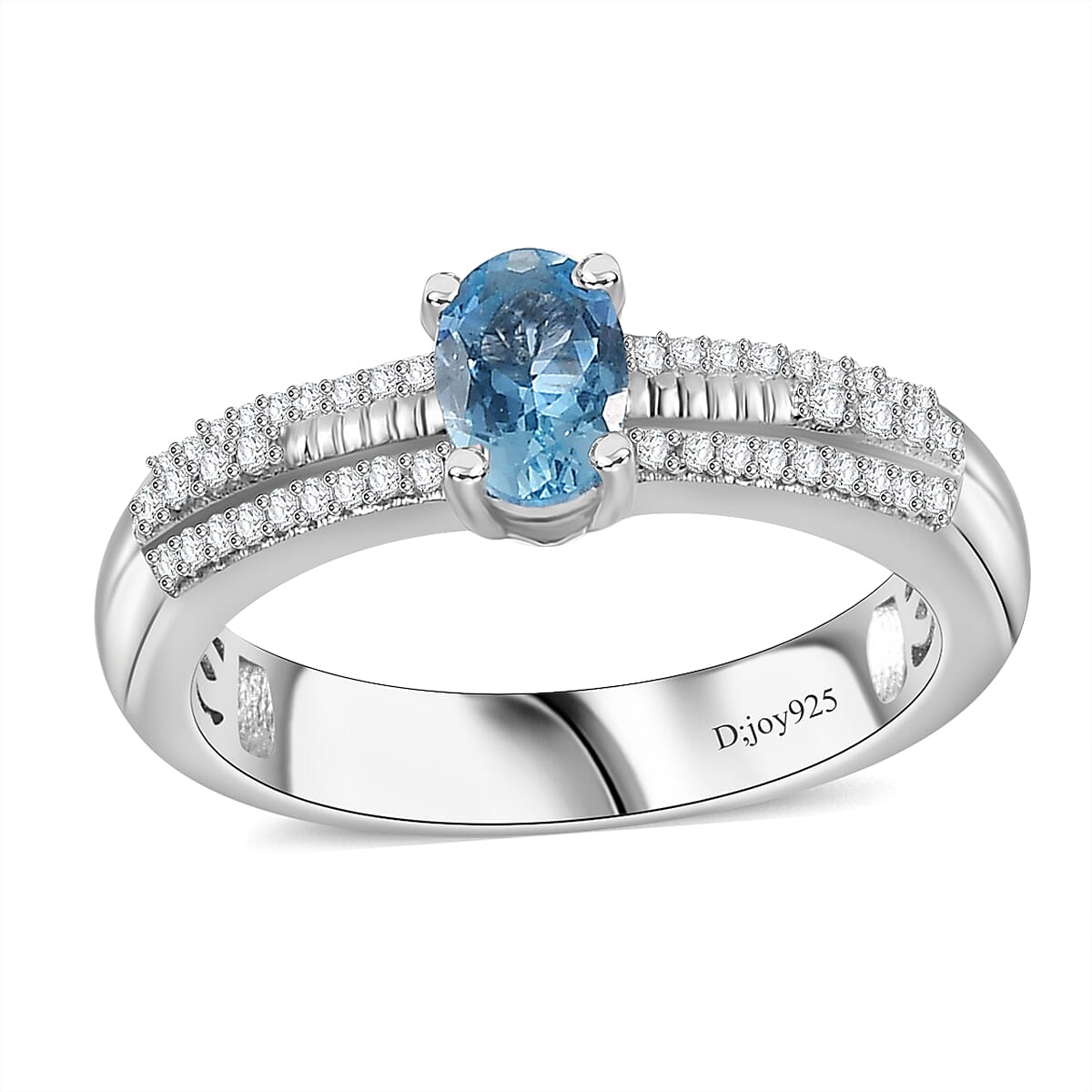 Santa Maria Aquamarine, White Zircon Ring in Rhodium Over Sterling Silver (Size 10.0) 0.65 ctw