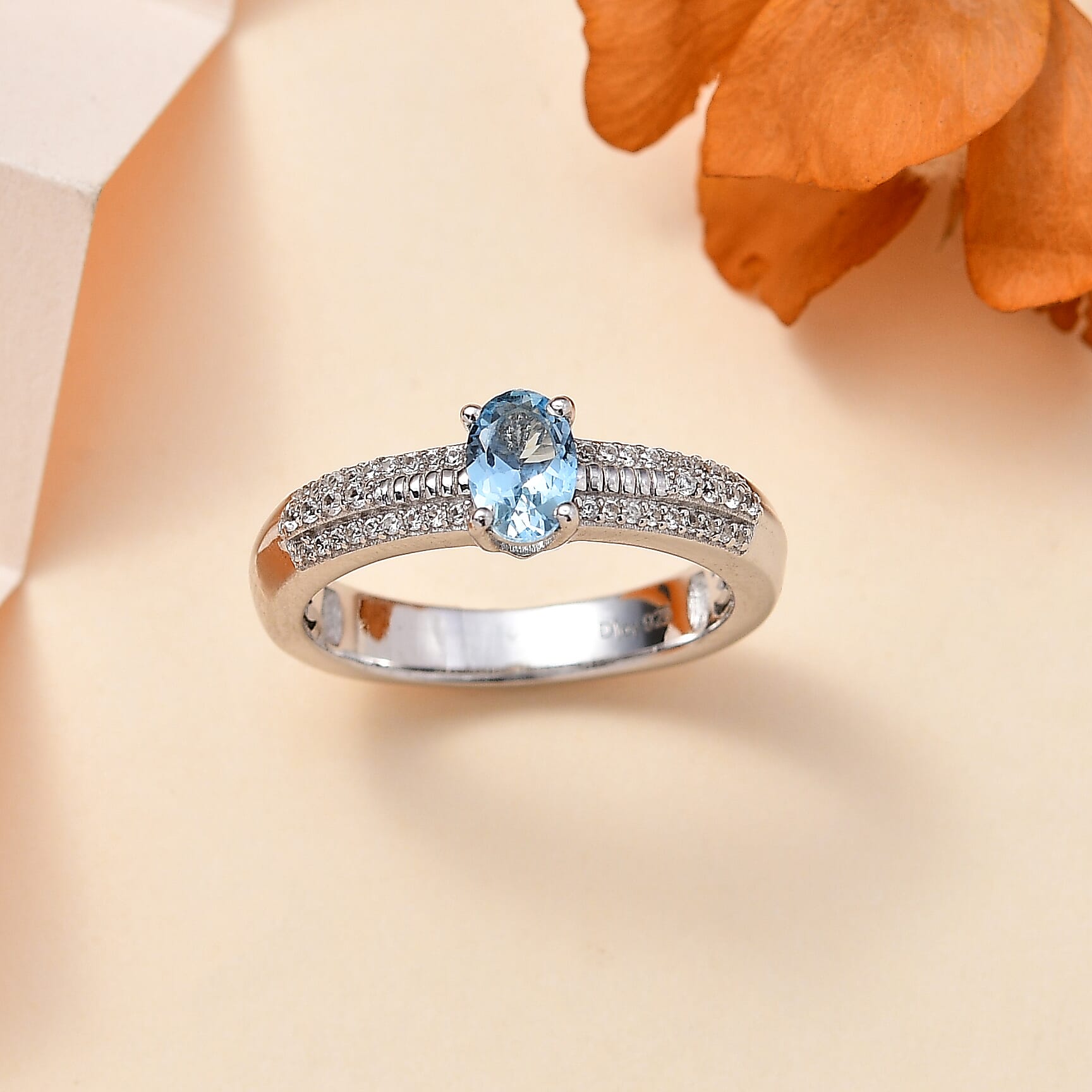 Santa Maria Aquamarine, White Zircon Ring in Rhodium Over Sterling Sil