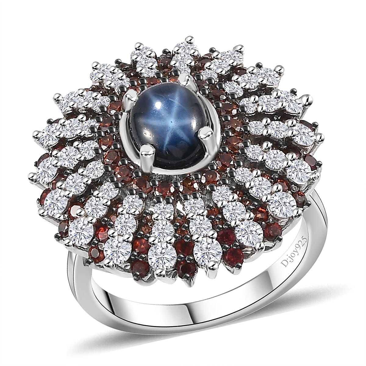 Blue Star Sapphire (DF), Brown and White Zircon Ring in Platinum Over Sterling Silver (Size 6) 7.40 ctw
