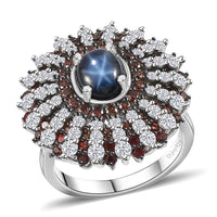 Blue Star Sapphire (DF), Brown and White Zircon Ring in Platinum Over Sterling Silver (Size 6) 7.40 ctw
