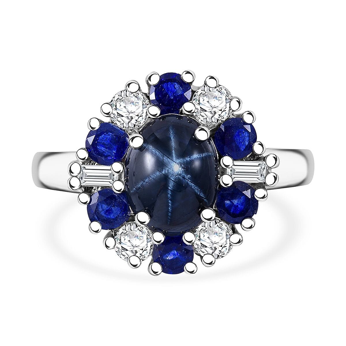 Blue Star Sapphire (DF) and Multi Gemstone 4.90 ctw Ring in Platinum Over Sterling Silver