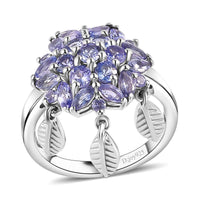 Tanzanite Floral with Leaf Charm Ring in Rhodium Over Sterling Silver (Size 7.0) 1.90 ctw