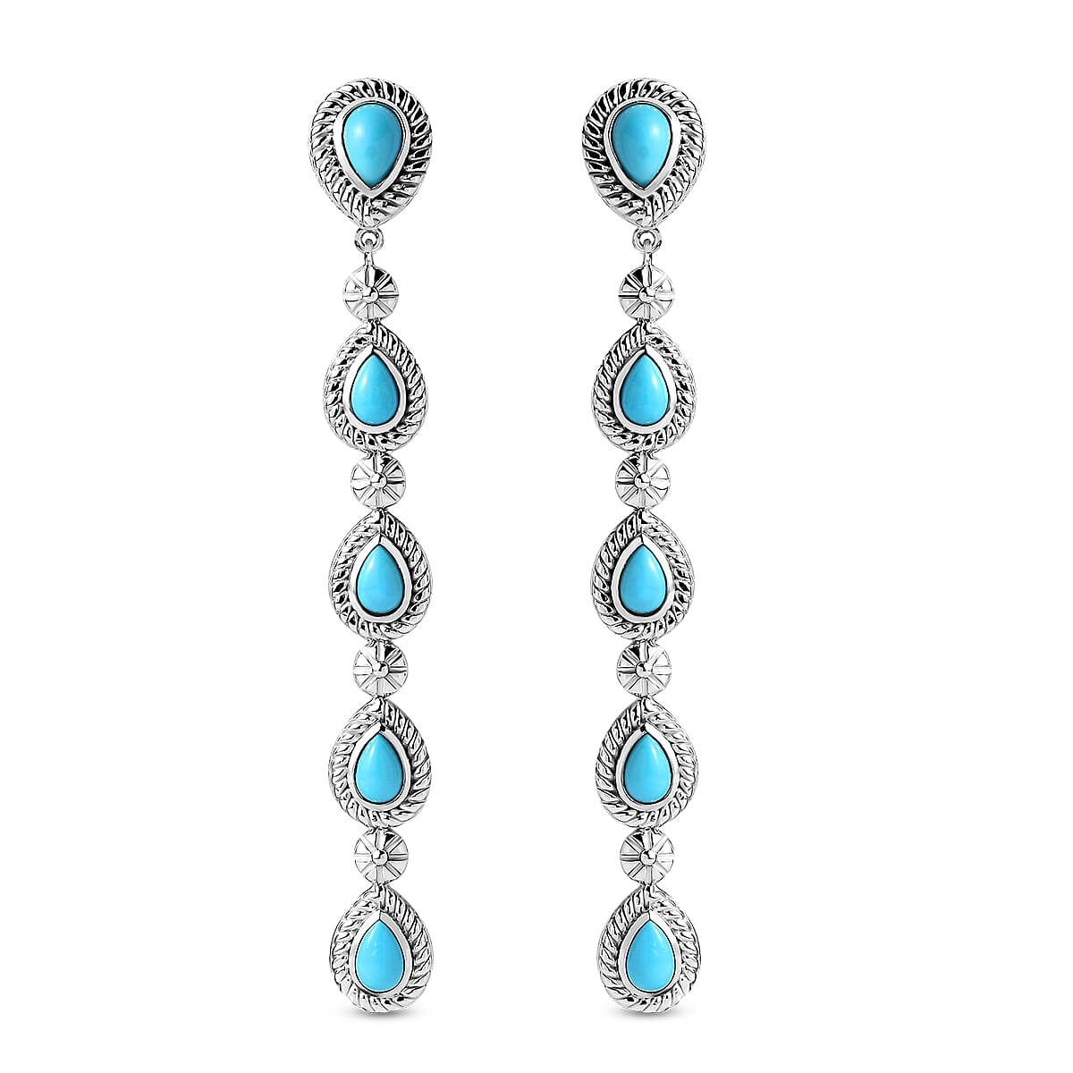 Sleeping Beauty Turquoise Dangling Earrings in Rhodium Over Sterling Silver 4.60 ctw