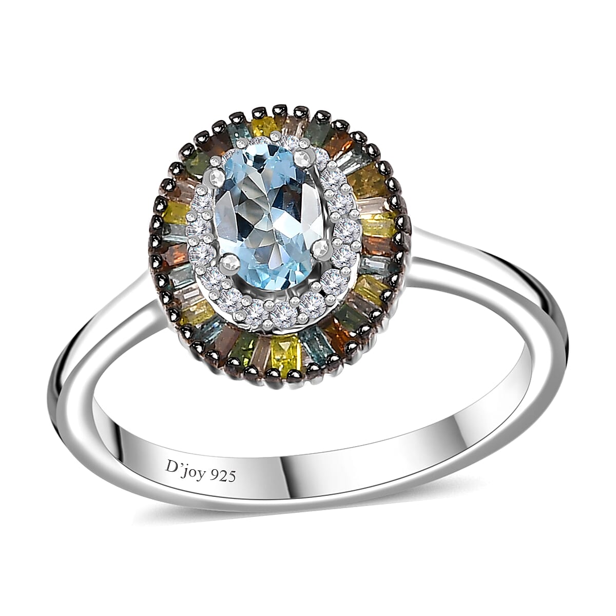 Santa Maria Aquamarine, Multi Diamond (Natural & IR) (0.25 cts) Ring in Rhodium Over Sterling Silver (Size 10.0) 0.70 ctw