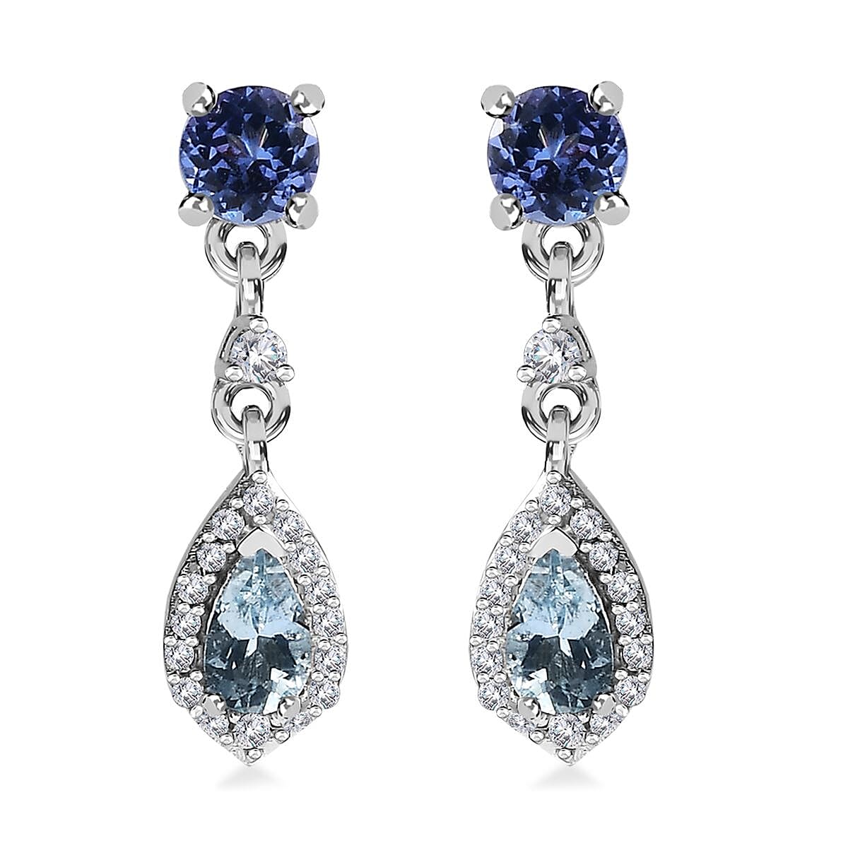 Santa Maria Aquamarine and Multi Gemstone Drop Earrings in Rhodium Over Sterling Silver 1.15 ctw