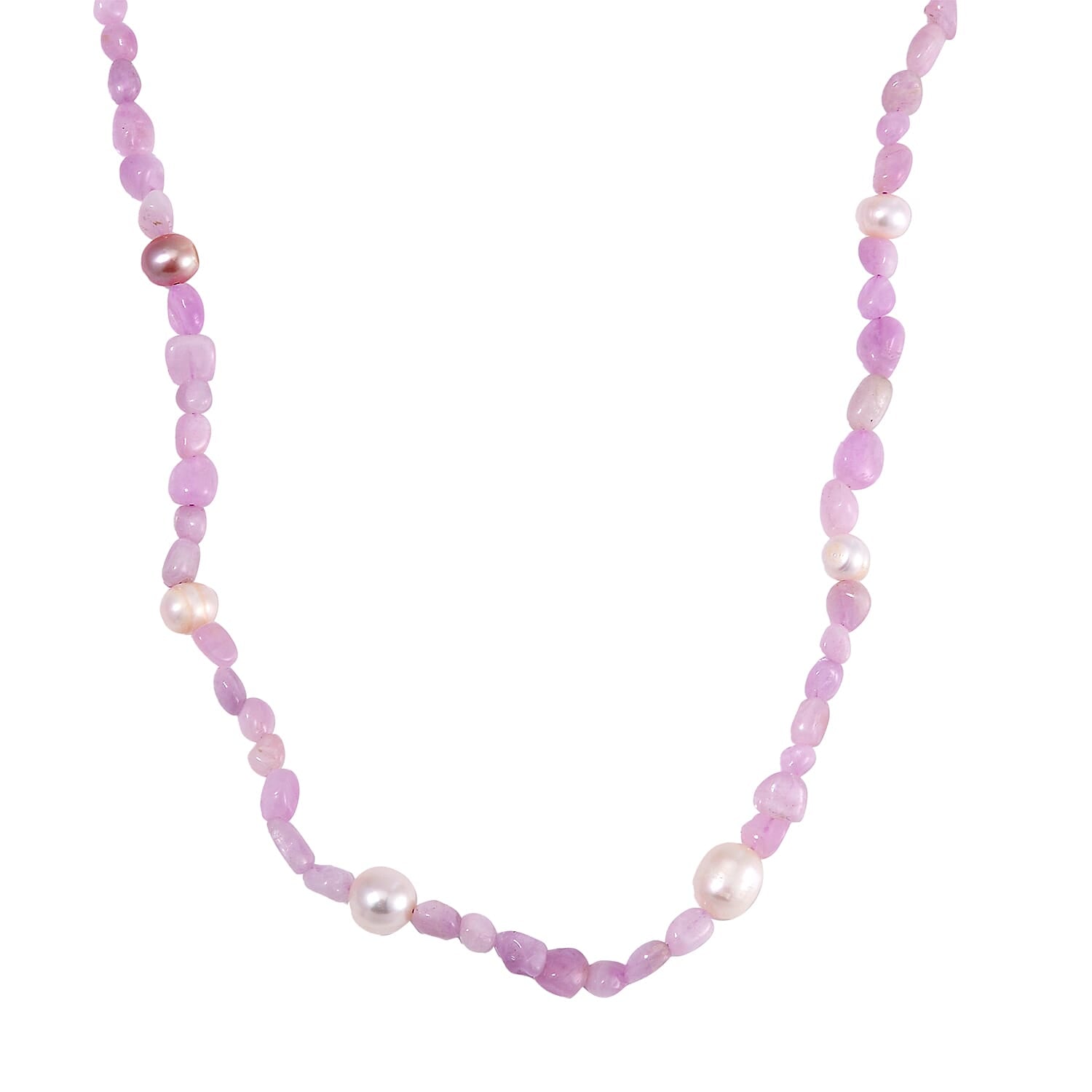 White Freshwater Pearl and Kunzite Chips Necklace 20 Inches in Stainless Steel 100.00 ctw