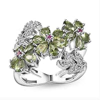 Natural Green Apatite, Multi Gemstone Flower Ring in Rhodium Over Sterling Silver (Size 10.0) 4.15 ctw