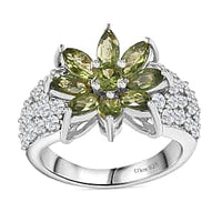Premium Natural Green Apatite, White Zircon Floral Ring in Rhodium Over Sterling Silver (Size 10.0) 3.90 ctw