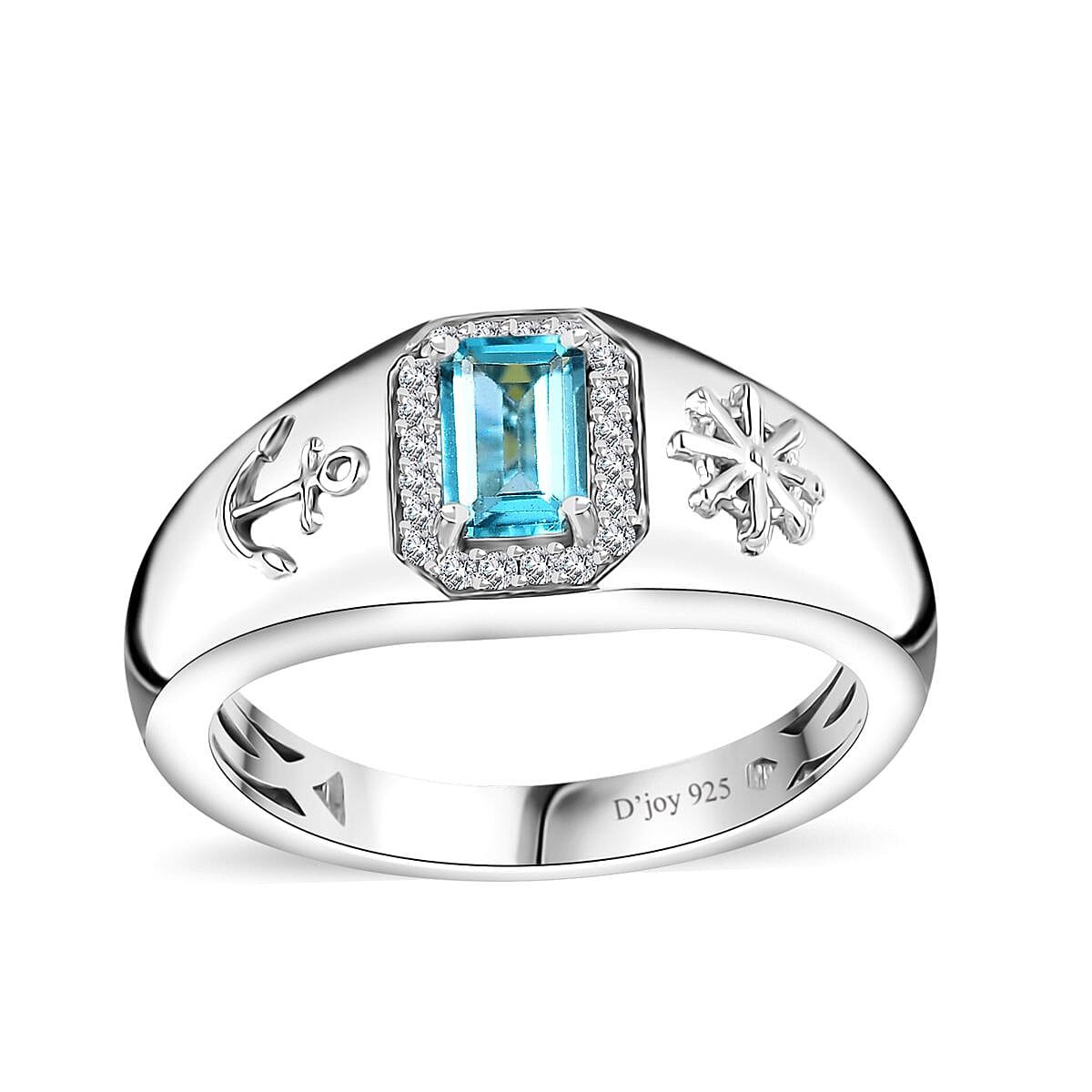 Betroka Blue Apatite and Moissanite Oceanic Men's Sailor Ring in Rhodium Over Sterling Silver 0.80 ctw