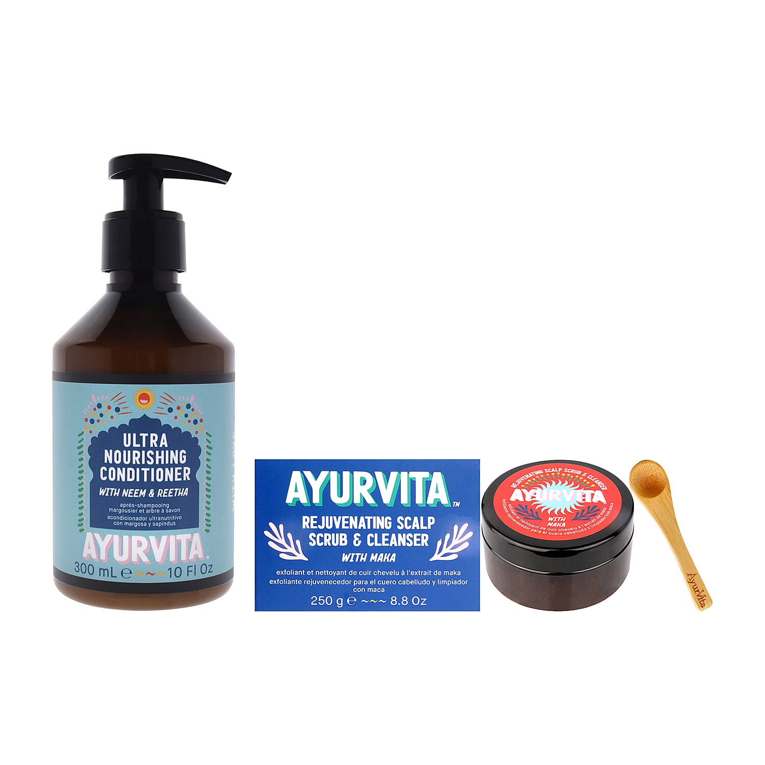 AyurVita Ultra Nourishing Conditioner - Neem & Reetha 10 fl oz, and Rejuvenating Scalp Scrub & Cleanser - Maka 8.8 oz