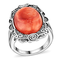 Orange Spiny Oyster Shell 10.00 ctw Floral Ring in Rhodium Over Sterling Silver