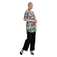 Tamsy Teal Paisley V-Neck Elastic Waist Kimono Sleeve Blouse (29.13"x10.23")
