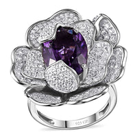 Rose De France Amethyst, White Zircon Floral Ring in Rhodium Over Sterling Silver (Size 10.0) 8.50 ctw