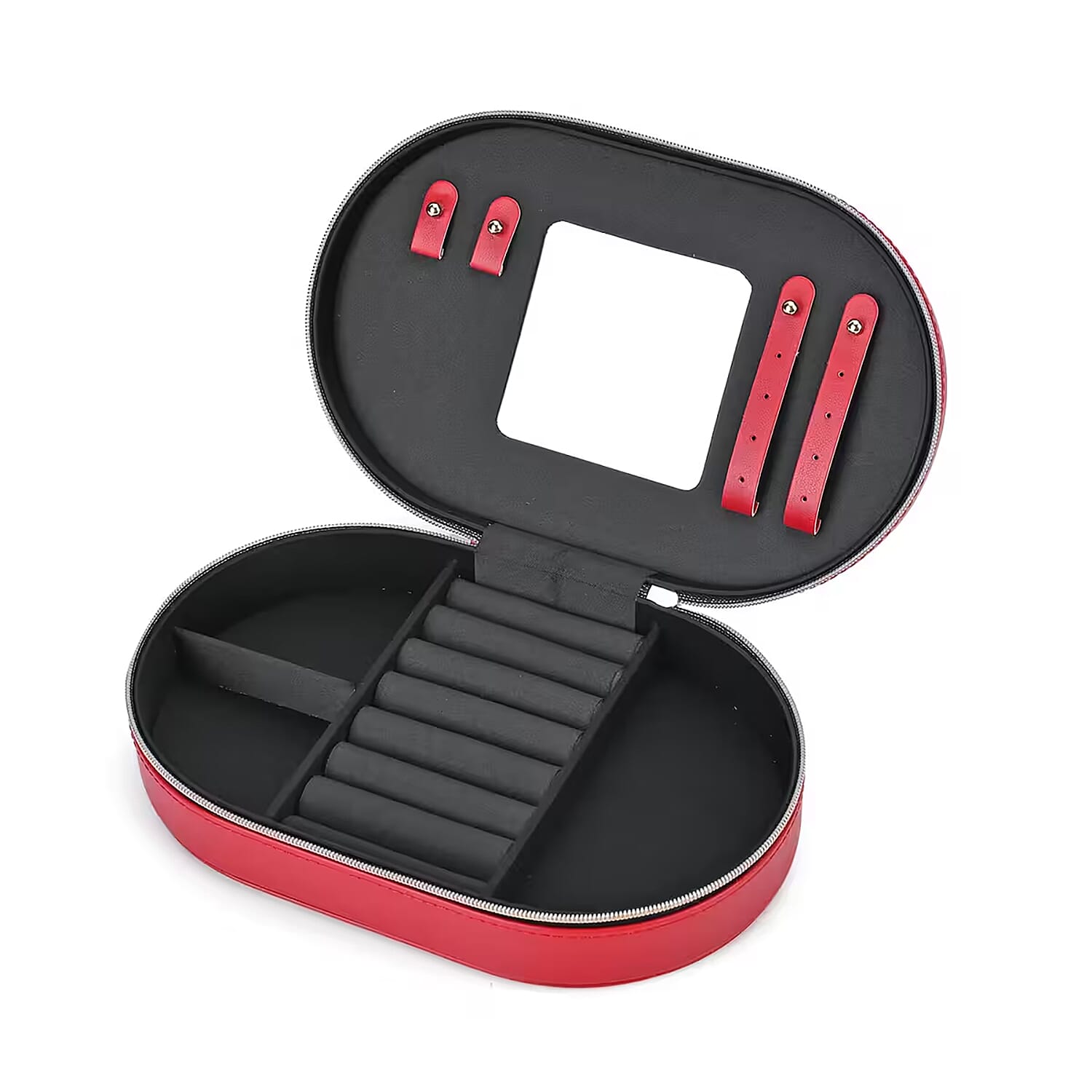Red Oval Shape Faux Leather Jewelry Organizer (8"x5"x2") with Black Velvet and Zipper Closure