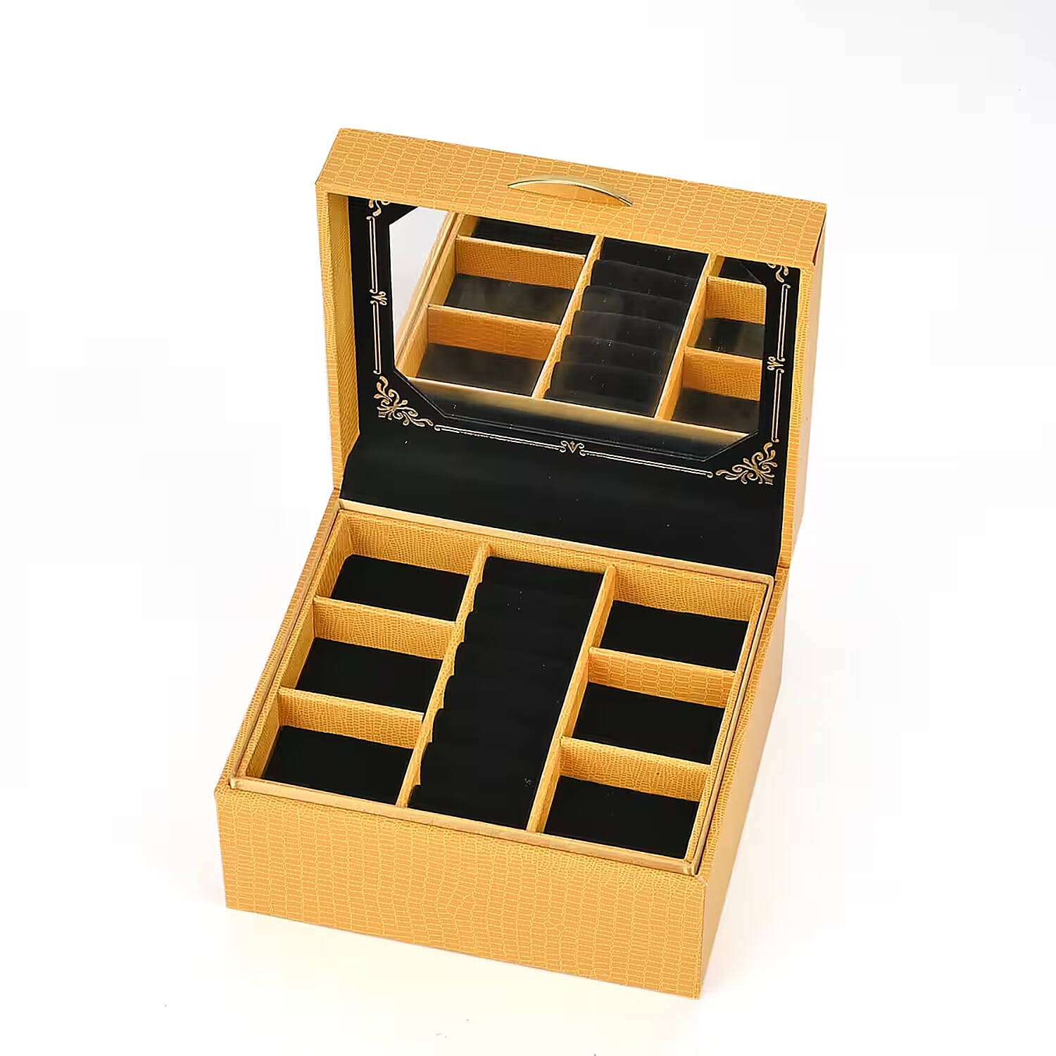 Yellow Lizard Embossed Pattern Leatherette Paper 2-Layer Jewellery Box (7"x6.3"x3.9")