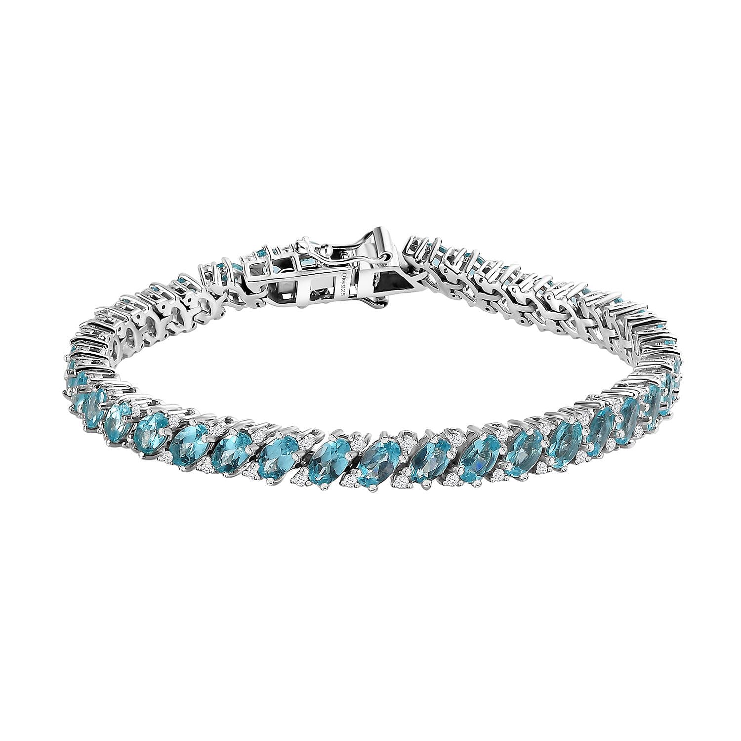 TLV Madagascar Paraiba Apatite, White Zircon Bracelet in Platinum Over Sterling Silver (6.50 In) 11.10 ctw