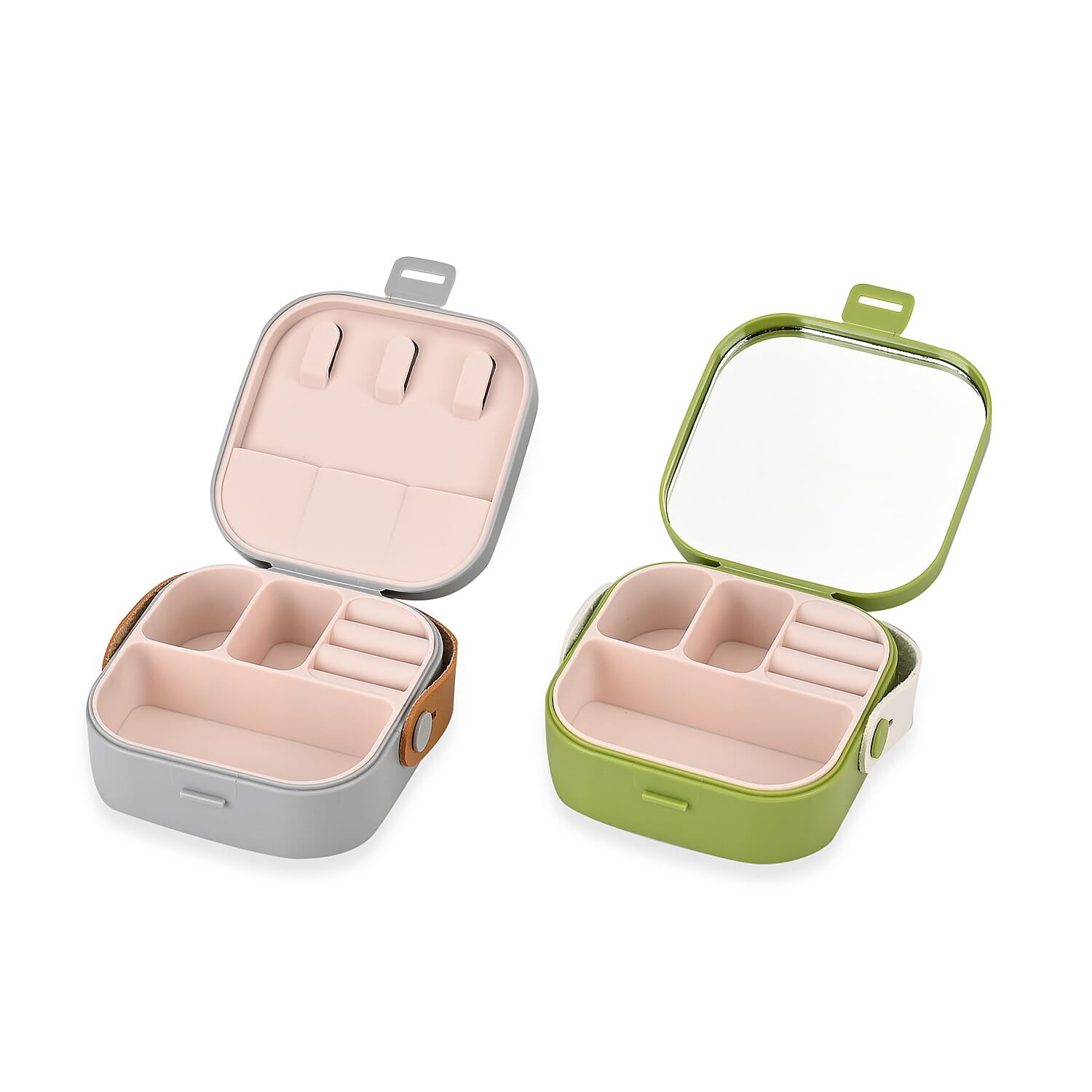 Set of 2pcs, Green and Gray Travel Jewelry Box with Faux Leather Handle (3.93"x3.93"x1.57")