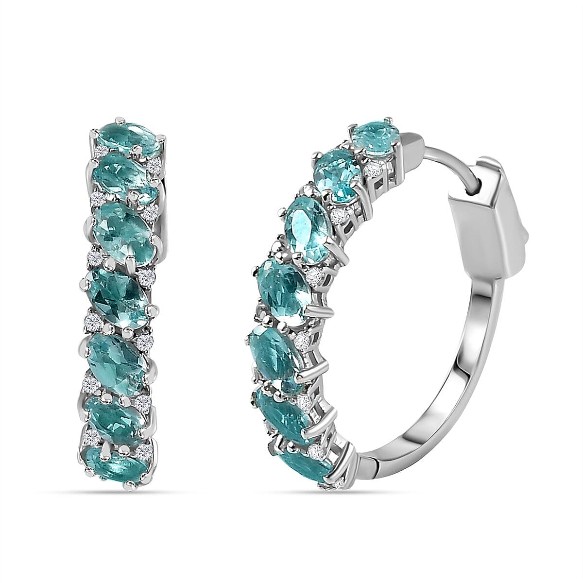 Betroka Blue Apatite and White Zircon Hoop Earrings in Platinum Over Sterling Silver 3.75 ctw
