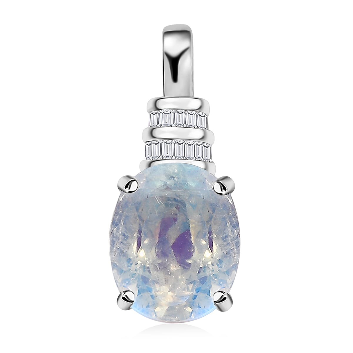 Luxoro 10K White Gold AAAA Moon Glow Moonstone and G-H I2 Diamond Pendant 2.35 ctw
