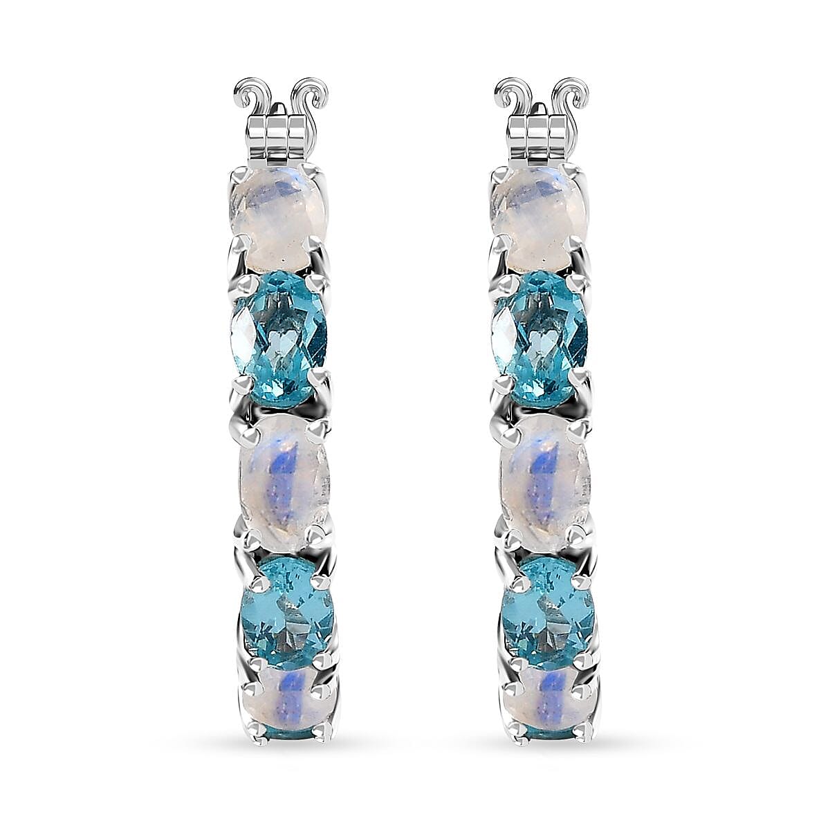 Moon Glow Moonstone and Betroka Blue Apatite Hoop Earrings in Rhodium Over Sterling Silver 5.40 ctw