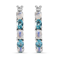 Moon Glow Moonstone and Betroka Blue Apatite Hoop Earrings in Rhodium Over Sterling Silver 5.40 ctw