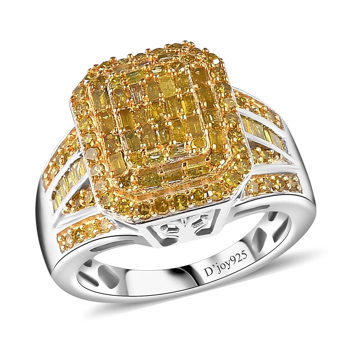 TLV Yellow Diamond (IR) Cluster Ring in Rhodium Over Sterling Silver (Size 5.0) 1.00 ctw